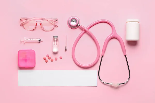 Composition Blank Sheet Paper Medicines Stethoscope Eyeglasses Pink Background Melanoma — Stock Photo, Image