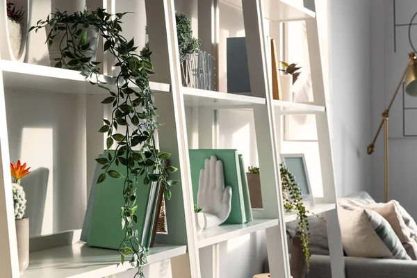 Hyllor Med Konstgjorda Växter Böcker Och Inredning Vardagsrummet — Stockfoto