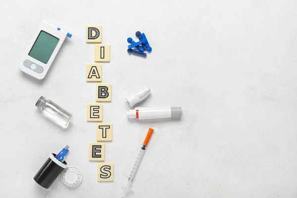 Word Diabetes Medical Supplies White Background — Stock Photo, Image