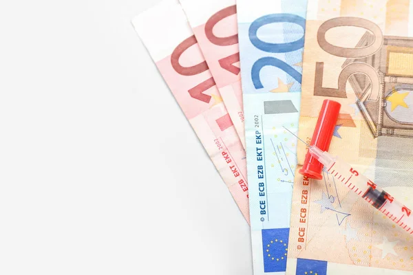 Syringe Insulin Euro Banknotes White Background Closeup Expensive Medicine Concept — Stock Photo, Image