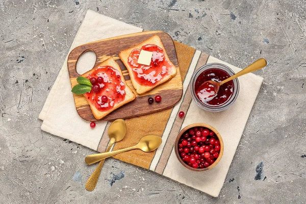 Wooden Board Tasty Toasts Cranberry Jam Grunge Background — Stock Photo, Image