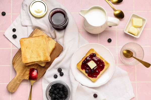 Wooden Board Tasty Toasts Blueberry Jam Jug Milk Berries Pink — Stock Photo, Image