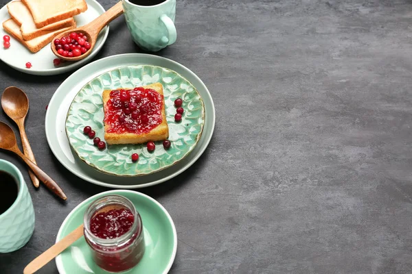 Plates Tasty Toast Cranberry Jam Dark Background — Stock Photo, Image