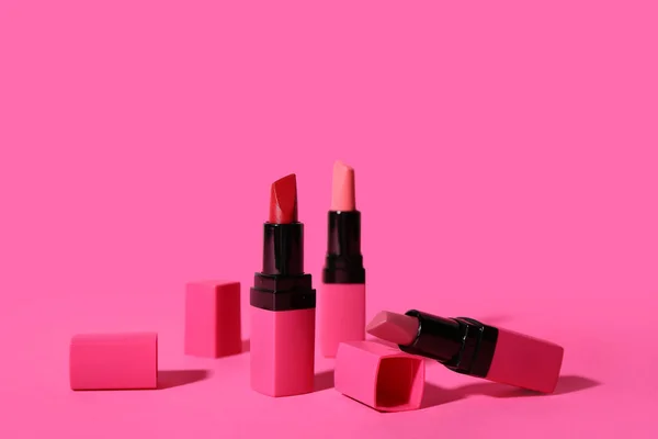 Different Lipsticks Pink Background — Stock Photo, Image