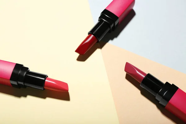 Composition Beautiful Lipsticks Color Background — Stock Photo, Image