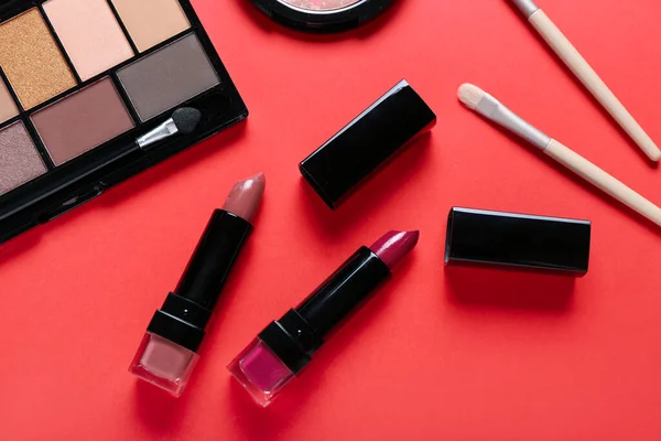 Set Decorative Cosmetics Lipsticks Red Background — Stock Photo, Image