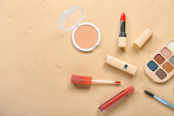 Sammansättning Med Olika Dekorativa Kosmetika Färg Bakgrund — Stockfoto