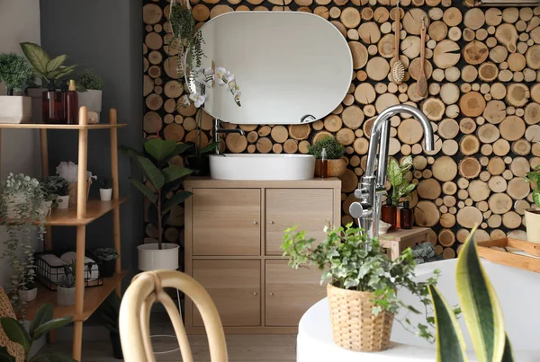 Interior Bathroom Green Houseplants Sink Mirror — Stock Photo, Image