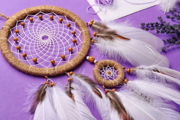 Dream Catcher Lavender Flowers Purple Background Closeup — Stock Photo, Image