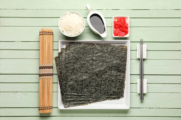 Plate Nori Sheets Rice Ginger Soy Sauce Sushi Accessories Color — Stock Photo, Image