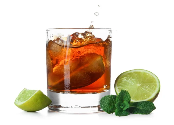 Glass Cold Rum Lime Splashes White Background — Stock Photo, Image