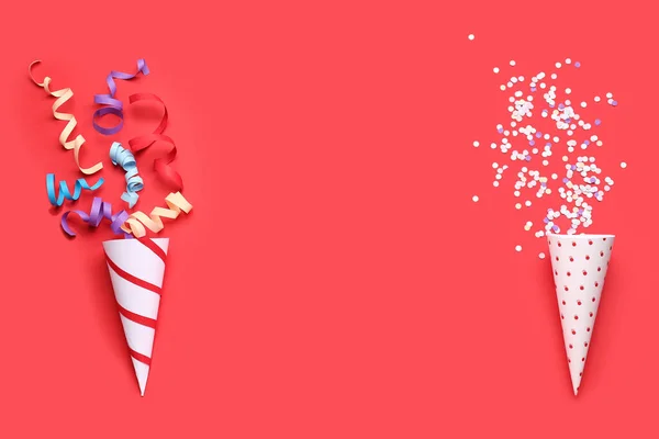 Frame Made Party Cones Serpentine Confetti Red Background — Stock Photo, Image