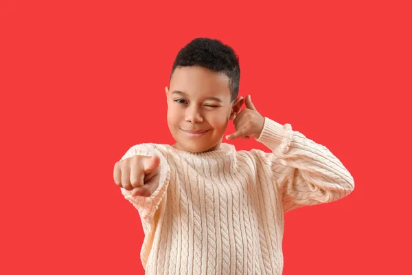 Cool African American Boy Showing Call Gesture Pointing Viewer Red — Stock Photo, Image