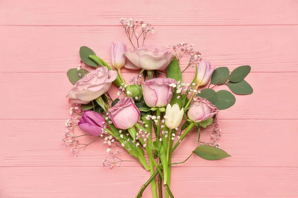 Beautiful Flowers Pink Wooden Background — Stock Photo, Image
