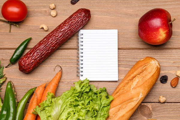 Paper Bag Vegetables Fruits Blank Notebook Wooden Background — Stock Photo, Image