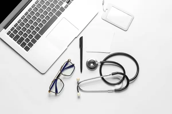 Stethoscope Laptop Glasses Doctor Table — Stock Photo, Image