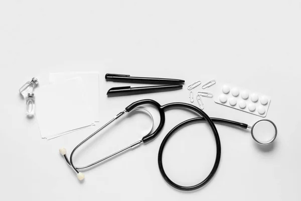 Stethoscope Pens Paper Sheets Drugs White Background — Stock Photo, Image