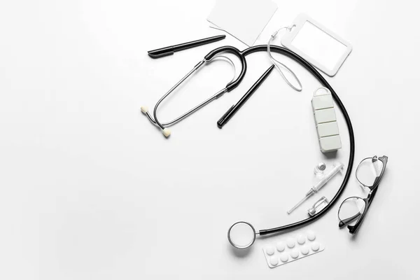 Stethoscope Badge Glasses Drugs White Background — Stock Photo, Image