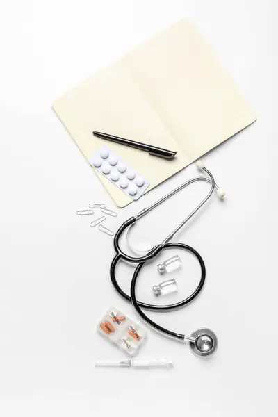 Stethoscope Notebook Drugs White Background — Stock Photo, Image