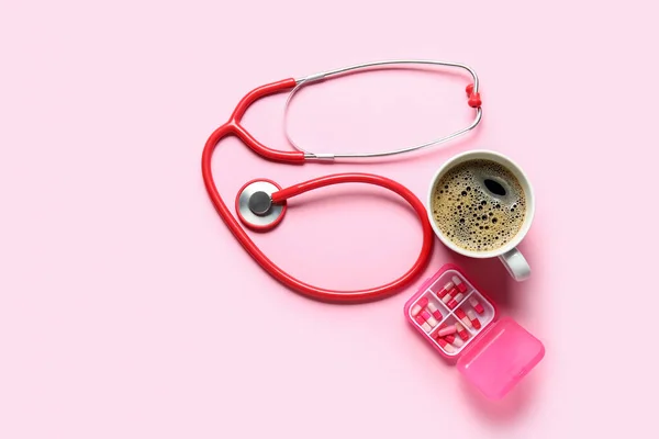 Stethoscope Coffee Pills Organizer Pink Background — Stock Photo, Image