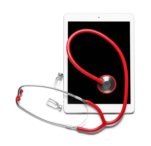 Stethoscope Tablet Computer Ampules White Background — Stock Photo, Image