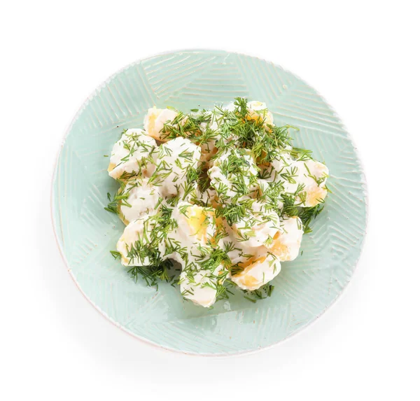 Plate Tasty Potato Salad Greens White Background — Stock Photo, Image