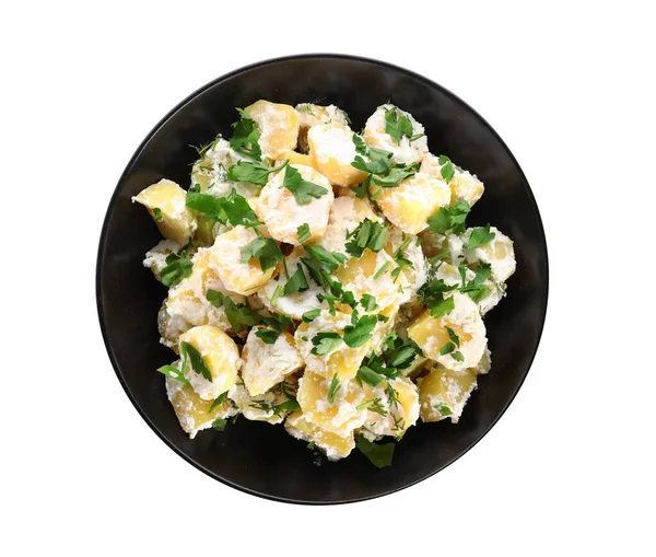 Bowl Tasty Potato Salad Greens White Background — Stock Photo, Image