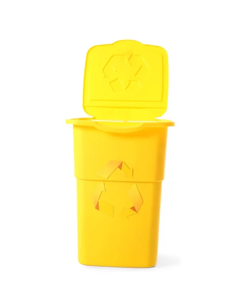 Żółty Pojemnik Śmieci Izolowane Białym Koncepcja Recyklingu — Zdjęcie stockowe