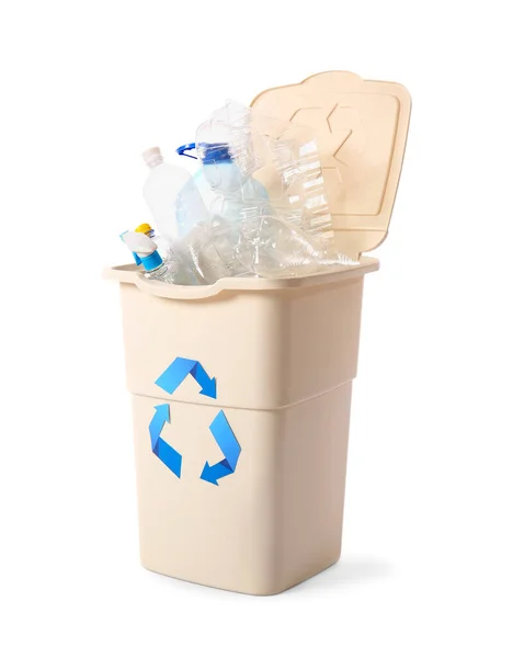 Δοχείο Πλαστικά Σκουπίδια Που Απομονώνονται Στο Λευκό Έννοια Ανακύκλωσης — Φωτογραφία Αρχείου