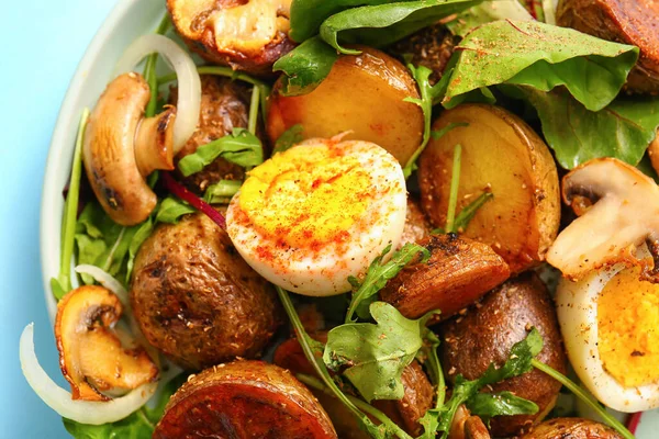 Plate Tasty Potato Salad Eggs Mushrooms Closeup — Stock Photo, Image