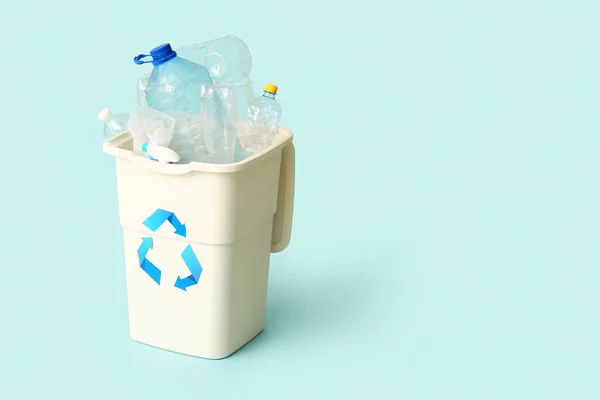 Container Garbage Plastic Light Blue Background Recycling Concept — Stock Photo, Image