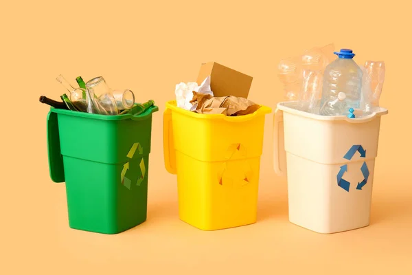 Containers Different Types Garbage Beige Background Recycling Concept — Stock Photo, Image