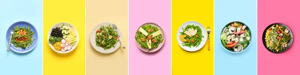 色系背景 顶视图的健康沙拉拼贴 — 图库照片