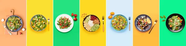 Set Healthy Salads Color Background Top View — Stock Photo, Image