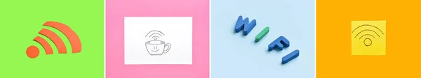 Collage Símbolos Creativos Wifi Letras Sobre Fondo Color —  Fotos de Stock