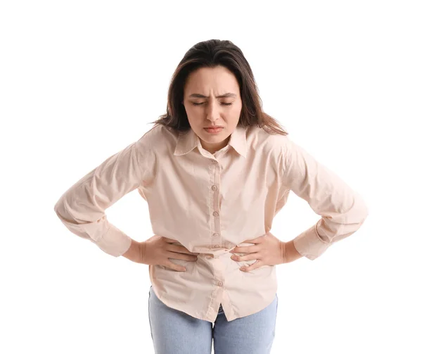 白い背景に腹痛を持つ若い女性 — ストック写真
