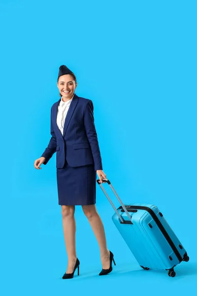 Beautiful Stewardess Suitcase Blue Background — Stock Photo, Image
