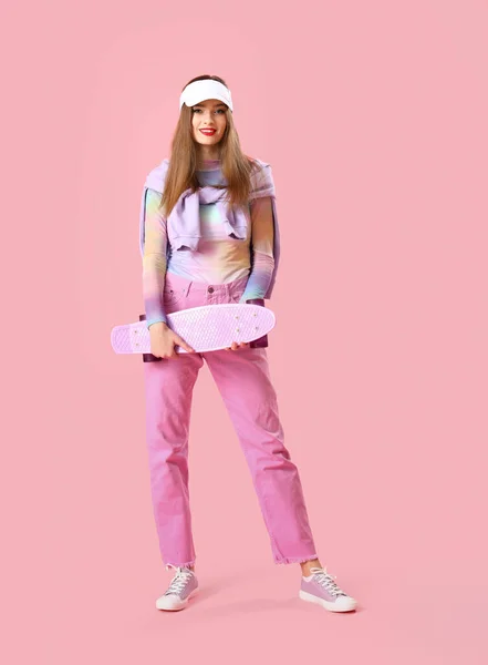 Stylish Young Woman Skateboard Pink Background — Stock Photo, Image