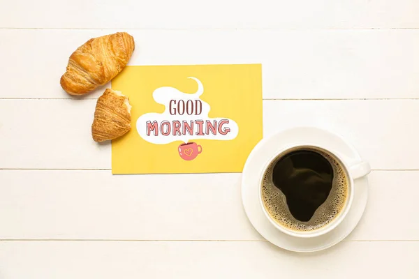 Cup Coffee Tasty Croissants Card Text Good Morning Light Wooden — Stock Photo, Image