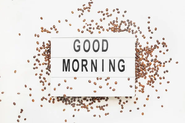 Board Text Good Morning Coffee Beans Light Background — Stock Photo, Image