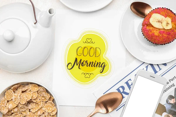 Card Text Good Morning Teapot Muffin Corn Flakes Light Background — Stock Photo, Image