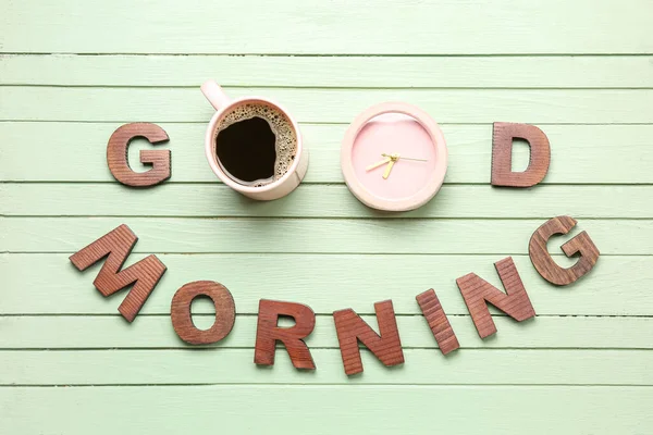 Text Good Morning Made Letters Cup Coffee Alarm Clock Color — Stock Photo, Image