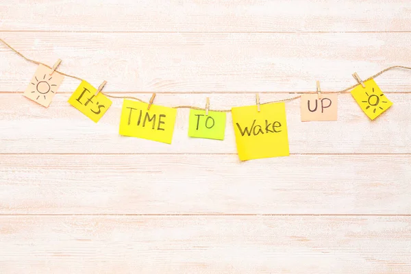 Sticky Notes Text Time Wake Hanging Rope Light Wooden Background — Stock Photo, Image