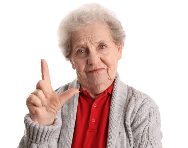 Donna Anziana Mostrando Gesto Perdente Sfondo Bianco — Foto Stock