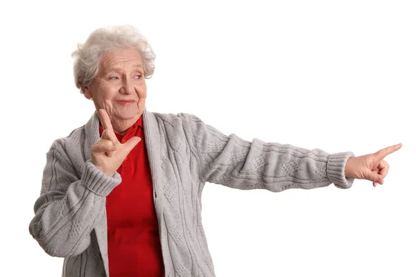 Starší Žena Ukazuje Poražený Gesto Bílém Pozadí — Stock fotografie
