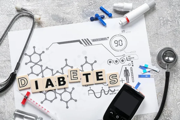 Word Diabetes Medical Supplies Grunge Background — Stock Photo, Image