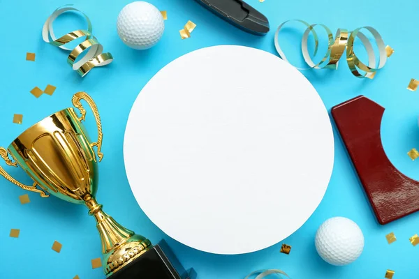 Blank Card Gold Cup Golf Club Balls Confetti Blue Background — Stock Photo, Image