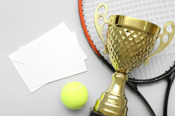 Blank Card Gold Cup Ball Tennis Racket Light Background — Stock Photo, Image