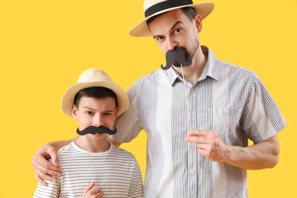 Portrait Funny Father His Little Son Paper Mustache Yellow Background — Stock Photo, Image