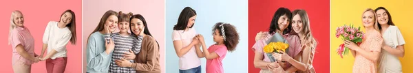 Collage Mit Glücklichen Müttern Und Töchtern Auf Farbigem Hintergrund — Stockfoto
